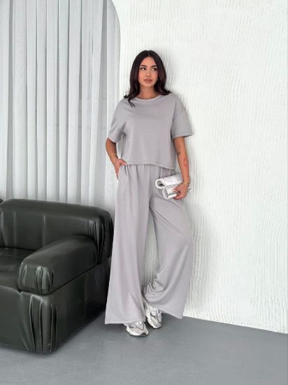Osy Modal Yumuşak Dokulu Kumaş Bisiklet Yaka T-shirt  Bol Paça Pantalon Ikili Takım - Boyalı Gri resmi